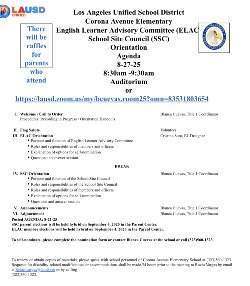 English Learner Advisory Committee (ELAC) School Site Council (SSC) Orientation Agenda 8-27-25 8:30am -9:30am Auditorium