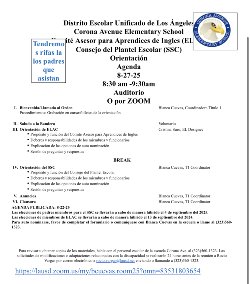 Comité Asesor para Aprendices de Ingles (ELAC) Consejo del Plantel Escolar (SSC) Orientación Agenda 8-27-25 8:30 am -9:30am Auditorio